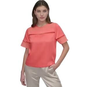 DKNY Women's Crewneck Ladder-Lace Top in Coral Crush Orange